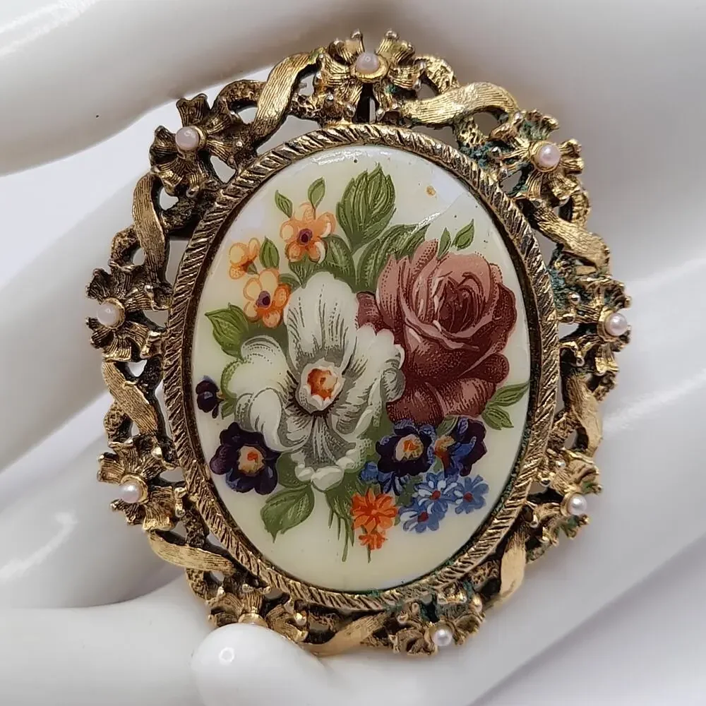 Vintage Porcelain Floral Brooch Pendant Combo, Faux Pearls, 2 1/4 Inches